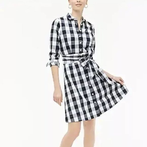 J. Crew Factory Tie-Waist Poplin Shirtdress in Gingham Navy Size 10 EUC - Picture 1 of 12